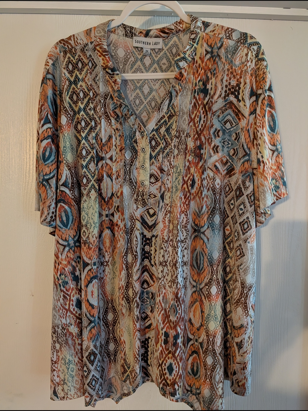 Southern Lady Teal, Rust & Cream Aztec-Print Short Sleeve Tunic